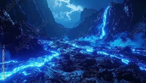 Ethereal blue light flowing through dark night mountain valley.