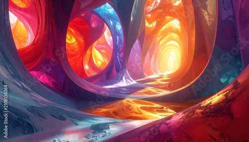 Ethereal landscape of flowing colorful ribbons and light.