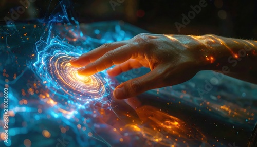 Finger touching immersive digital light and energy portal.