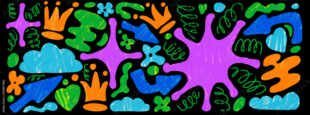 Fototapeta premium Playful organic shapes with hand drawn doodle figures and vibrant neon crayon elements. Purple green blue crowns hearts clouds with stars on black. Vector set of abstract shapes for kids sticker