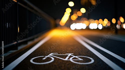 Nighttime Bicycle Lane Illuminated by City Lights.