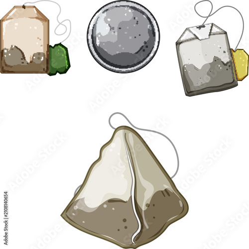 Different types of cartoon tea bags including pyramid, rectangular, and round shapes, along with a metal tea infuser, illustrating options for brewing hot beverages