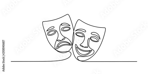 Obraz na plátně Continuous single line drawing of comedy and tragedy theater masks representing