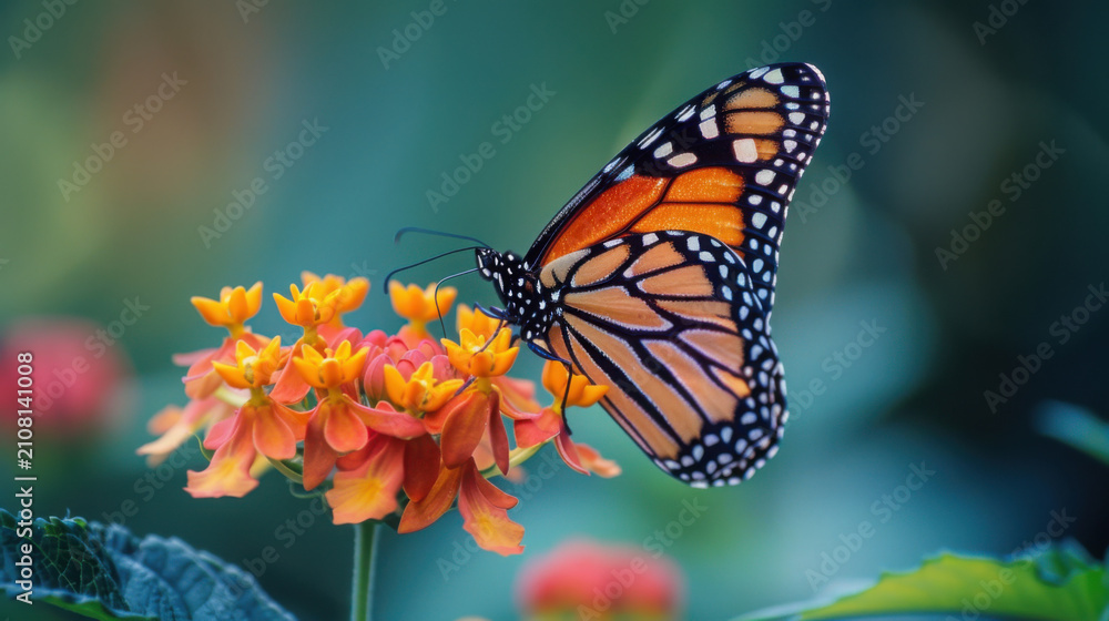 Obraz premium Monarch butterfly on a flower. Close-up of a colorful insect on a blooming plant.