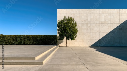 Modern Architectural Design with Lone Tree and Geometric Shadows.