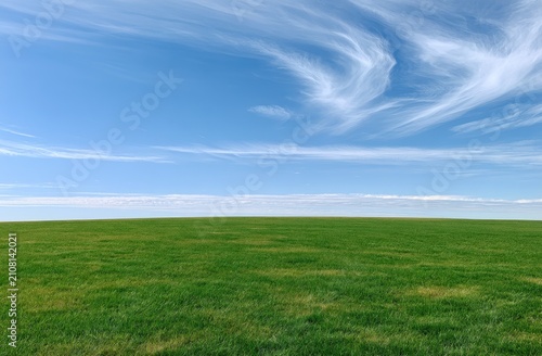 Vast Green Field Under a Wide Blue Sky with Wispy Clouds.