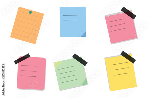 Collection of six colorful sticky notes, each with lines and attached with black tape, on a white background representing memo reminders or tasks