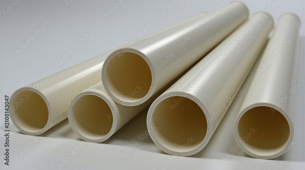 Fototapeta premium Five white plastic PVC pipes lie on smooth surface. Industrial plumbing tubes for home construction project utility system. Clean hollow cylindrical building material elements stacked together.
