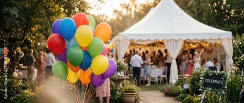 Colorful Balloons at Outdoor Celebration with White Tent and Guests.