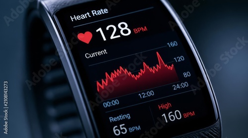 Smartwatch displaying heart rate data and health metrics