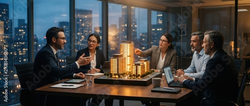 Diverse Business Team Discussing Architectural Model in Modern Office at Night.