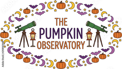 Halloween astronomy event vector illustration with telescopes, pumpkins, bats, and moons framing spooky typography