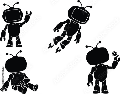 Canvastavla Cute futuristic robot character vector icon set showing silhouettes waving hand