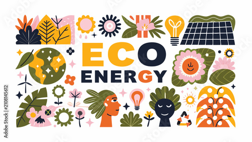 Cuadro en lienzo Eco energy themed floral ornament and renewable resource illustrations in a vect