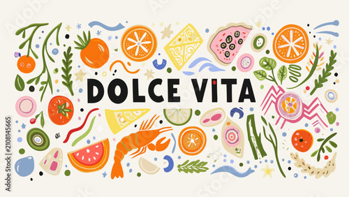 Bild auf Leinwand Assorted Fruits Seafood And Vegetables Illustration With A Light colored Backgro