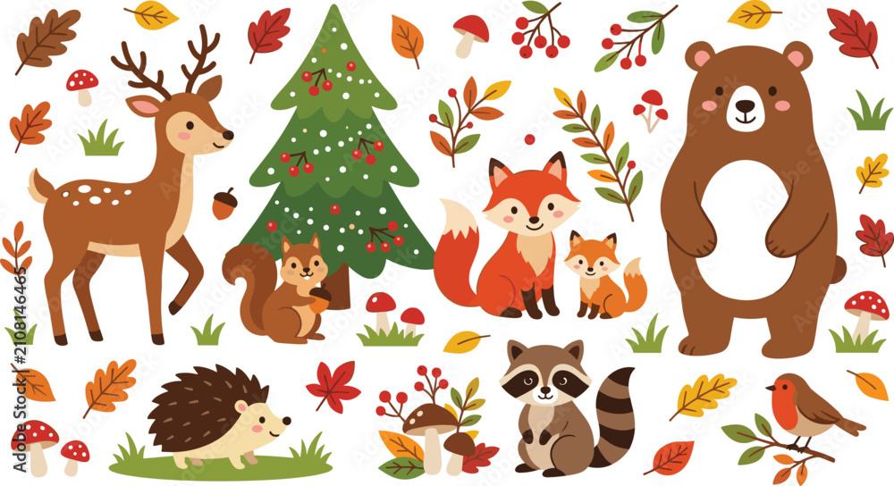 Naklejka premium Cute Autumn Forest Animals Set Featuring Deer Bear Fox Raccoon Hedgehog Squirrel Pine Tree and Leaves for Kids Woodland Pattern Design