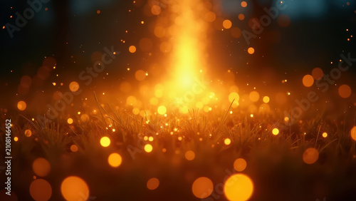 Abstract vivid golden particle field flowing upward like fireflies on darkening summer night