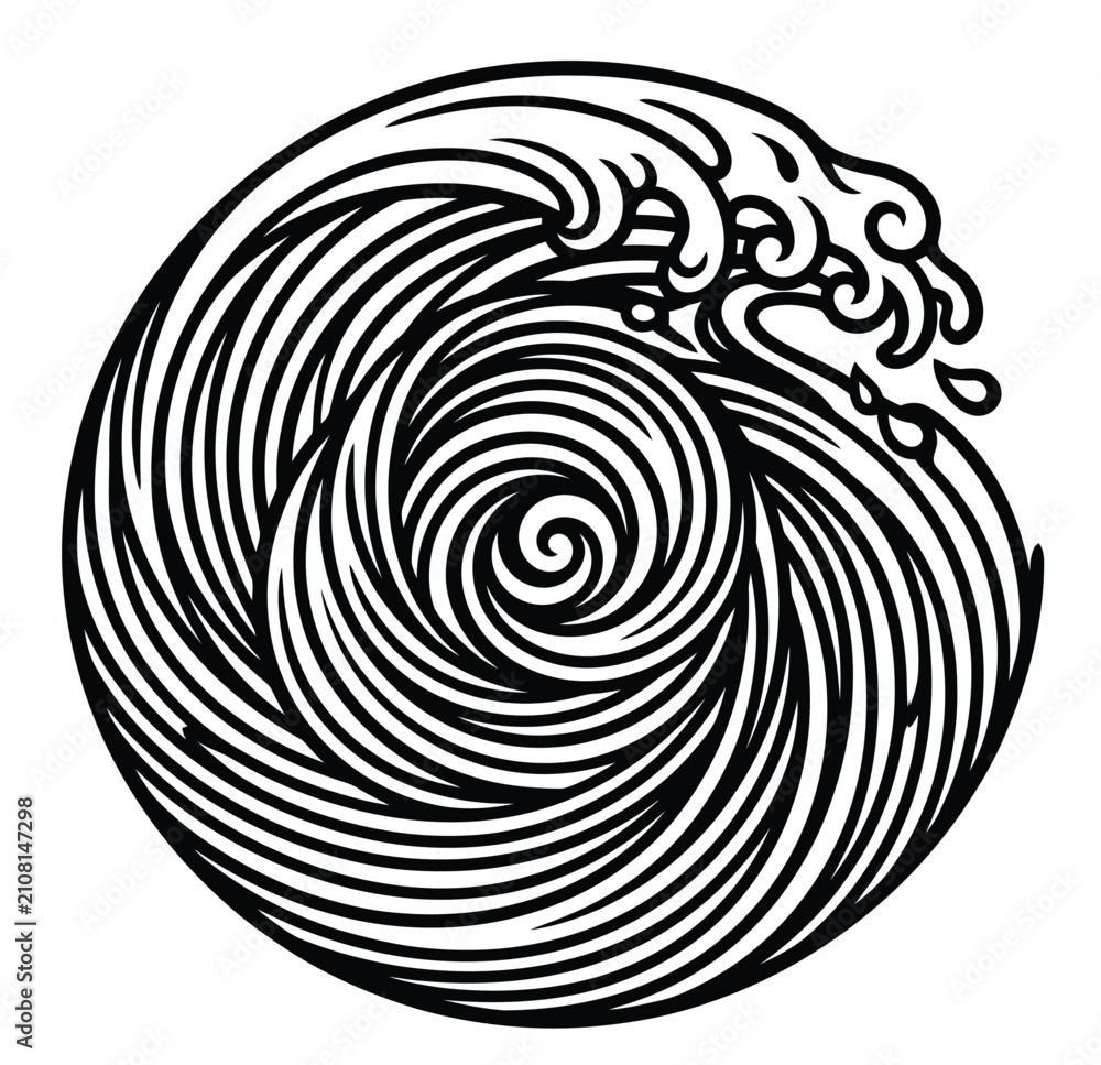 Fototapeta premium Japanese style wave illustration, circular ocean surf vector, black and white sea ripple graphic, minimalist water swirl emblem for logo design