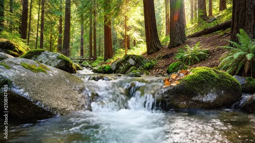 Crystal clear stream flowing over mossy rocks in a serene green redwood forest with sun rays