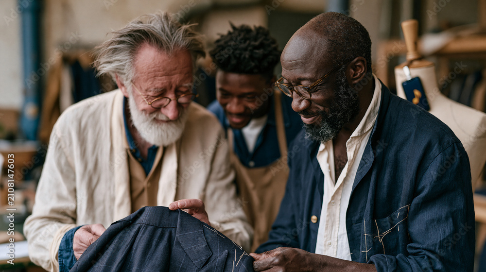 Obraz premium A master tailor and young apprentice examine a completed suit jacket together in an industrial atelier, the older craftsman adjusting lapels while the younger observes sleeve