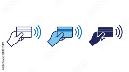 Contactless card payment icon set with hand holding a tap-to-pay card symbol
