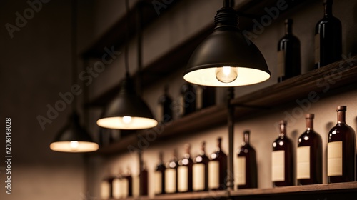 liqueur. A vintage bar corner with shelves of dark liqueur bottles under warm light. bar promotions, beverage menus, designed for food & beverage menus and cafe branding.