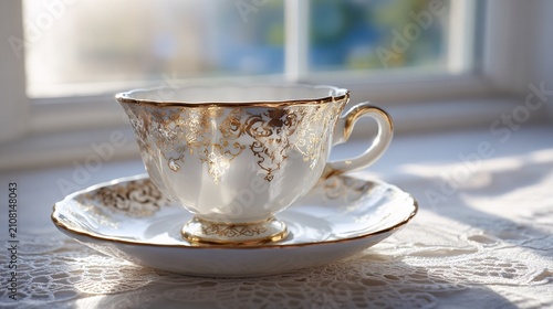 filigree. White porcelain teacup with gold filigree on lace cloth by a sunlit window. menu design, packaging mockups, designed for food delivery and cloud-kitchen brand materials.