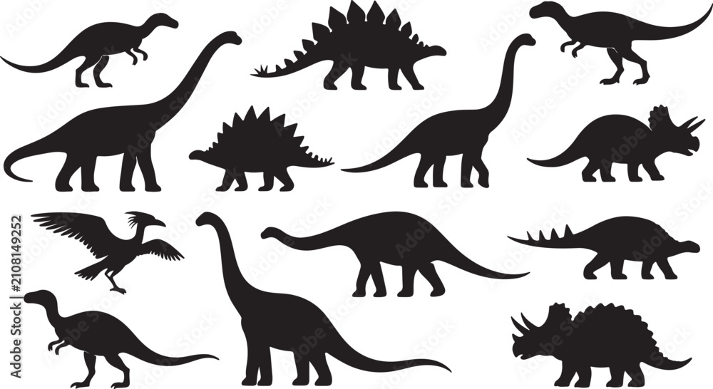 Obraz premium Prehistoric dinosaur silhouettes set for design projects. Vector collection of ancient reptile outlines on transparent background.