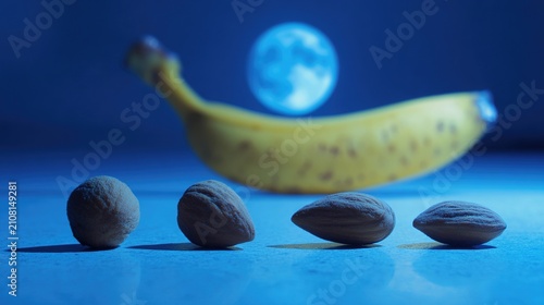 nightstand. A few almonds and a banana on a nightstand in cool blue moonlight. menu design, packaging mockups, designed for culinary blogs and recipe cards for restaurants, used by sports marketers.