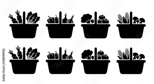 8 Black Silhouette Vegetable Baskets, Fresh Produce Icons, Grocery Shopping Vector Set