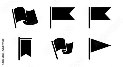 Black Flag Icons Set, Vector Pennant Shapes, Simple Banner Symbols, Waving Flags Collection