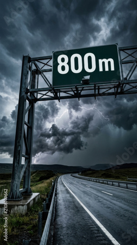 Dramatic Stormy Sky Over Highway Sign Approaching Destination Or Milestone