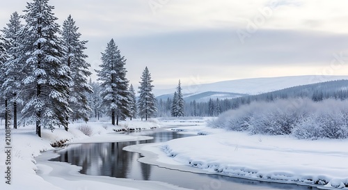 Snow-covered forest scene with frozen stream and tall pine trees in winter landscape