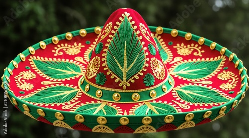 Ornate Mexican sombrero hat. Red felt base with green and gold embroidery. Intricate leaf and floral patterns adorn crown and brim. Festive cultural accessory for celebrations.