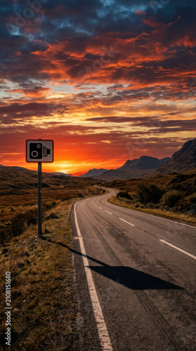 Dramatic Sunset Over A Remote Mountain Road With Caution Signal