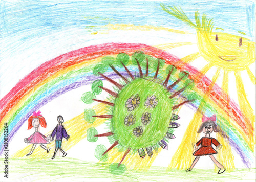 Child drawing of multicultural children holding hands around the world. World peace. No war