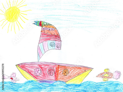 Child drawing ship in sea. Pencil art