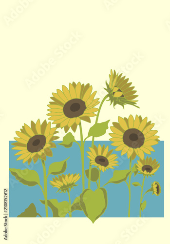 Foto Vintage Sunflower Flowers Illustration with Blue Accent Frame and Cream Backgrou