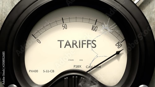 Tariffs meter showing big levels of tariffs. Dangerously increasing high values of tariffs, critical overload. Too much, off the charts. Max tariffs