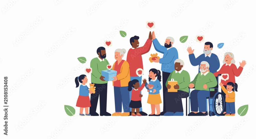 Fototapeta premium Family volunteering vector concept with diverse people helping community. Family volunteering vector illustration showing generous individuals. Family volunteering vector template for banner.