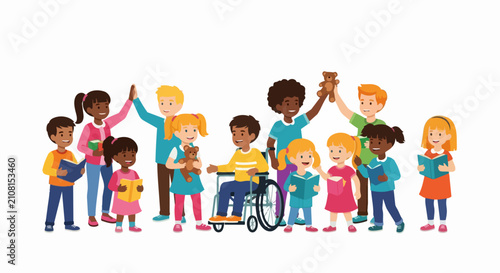 Inclusive education vector group with diverse children and child in wheelchair. Inclusive education vector design showing happy kids with books and toys. Inclusive education vector banner concept.