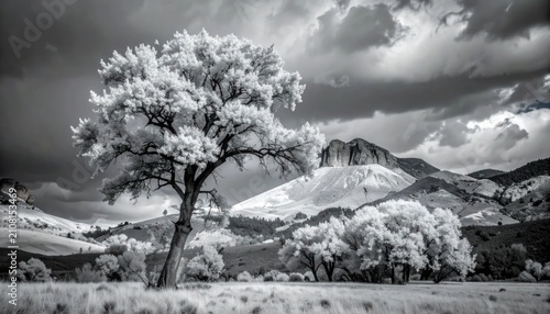 Dramatic Infrared Landscape with Lone Tree and Mountain Peaks