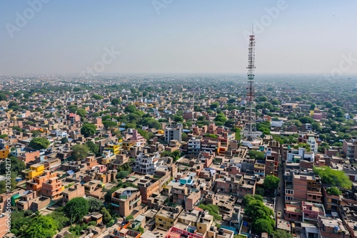 Aerial view of dense urban settlement with prominent telecommunications tower rising above clustered buildings.