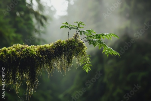 Misty forest moss fern branch tree green fog wilderness nature rainforest