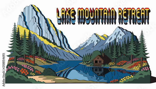 Obraz na plátně Very beautiful realistic vector illustration of a LAKESIDE COTTAGE & MOUNTAINS f