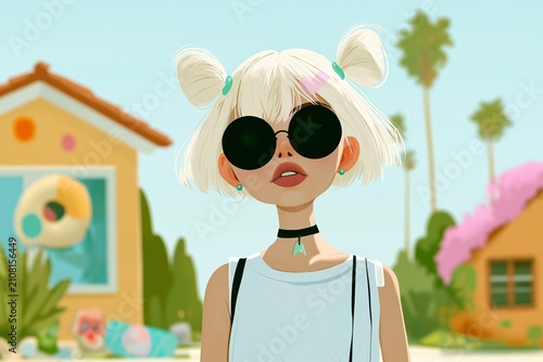 Young woman with white twin buns and oversized black round sunglasses poses on a pastel suburban street with palm trees, suited to summer fashion, youth culture and individuality themes.