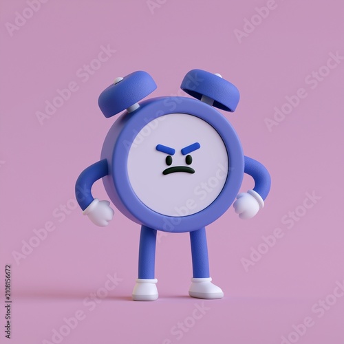 Angry blue alarm clock character standing with clenched fists on a pink studio backdrop, illustrating deadline stress, morning frustration, lateness and time management.