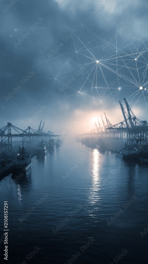 Obraz premium This scene depicts a cutting-edge port with towering cranes, cargo ships, and digital network overlays. It highlights advanced technology, logistics efficiency, and future innovations ideal for tech