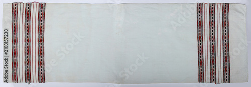 White Linen Fabric with Two Vertical Bands of Traditional Geometric Embroidery