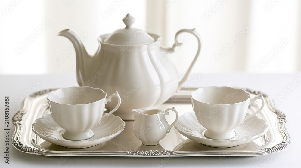 Fototapeta premium english. Exquisite English afternoon tea porcelain set arranged on a silver tray. menu design, packaging mockups, designed for culinary blogs and recipe cards for restaurants.